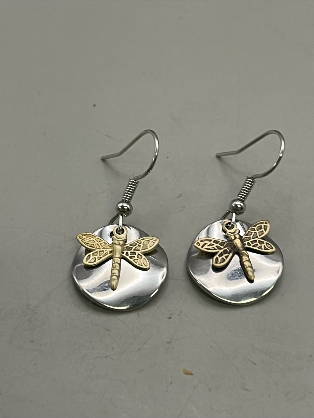 Boho Dragonfly Earrings Silver Tone Disc Brass Gold Charm Dangle Mixed Metal - Picture 3 of 3